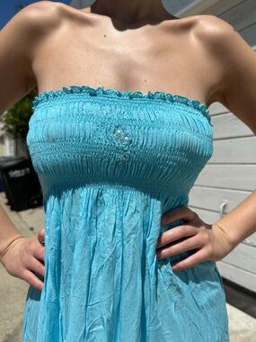 Vintage Strapless Turquoise Smocked Sun Dress